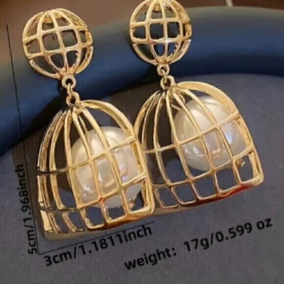 Pearl Bird Cage Drop Earrings  Exaggerated Earrings - Picture 3 of 3